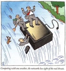 cartoon of people riding a TV set over a waterfall