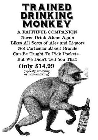 Monkey smoking a cigarette and carrying a bottle of booze.